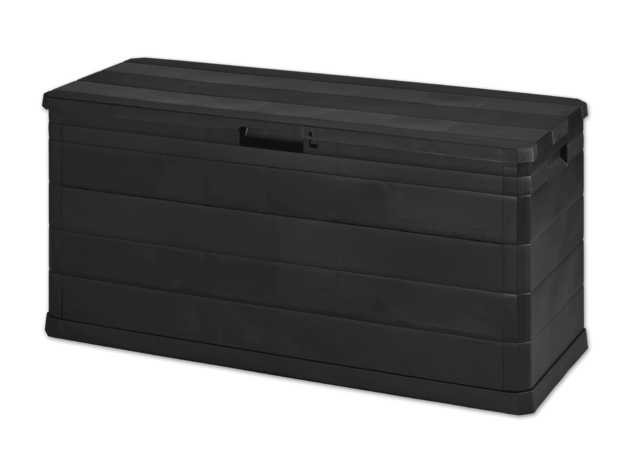 Schwarze, rechteckige Aufbewahrungsbox aus Kunststoff mit gerillter Oberfläche und Griffen.