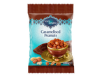 A bag of caramelised peanuts with a blue and brown design, featuring a bowl of peanuts.