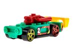 Green toy race car with red and yellow accents, number 2 on the side.