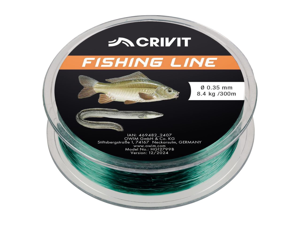 Fishing line spool with fish and eel illustrations, showing 0.35 mm diameter, 8.4 kg, and 300m length.