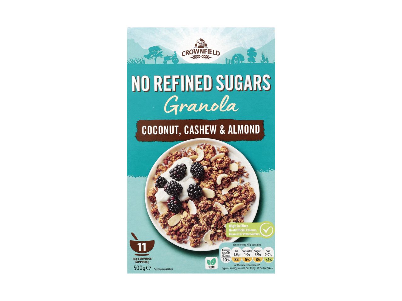 Granola with coconut, cashew, and almond, featuring a 'No Refined Sugars' label.