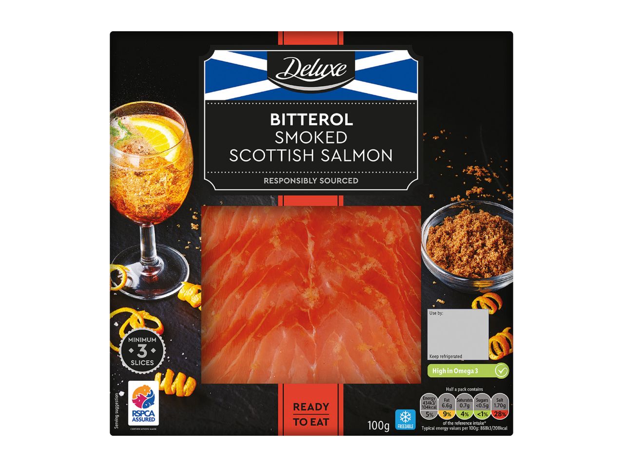 Smoked Scottish salmon with a Bitterol cocktail and brown sugar, highlighting its high Omega 3 content.