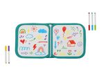 Open drawing board with colorful doodles and several markers.