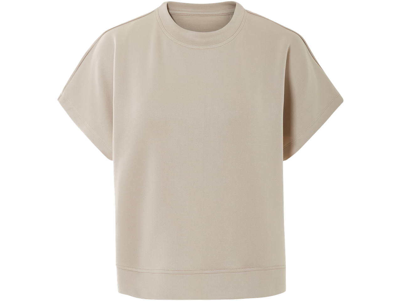 Bézs színű, rövid ujjú, kerek nyakú női póló.