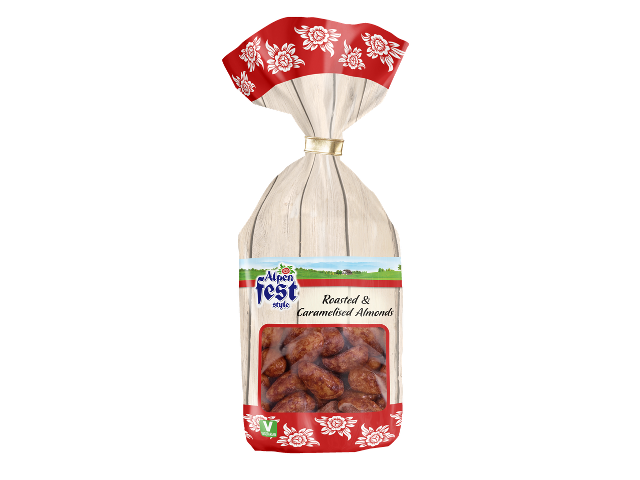 Bag of roasted and caramelised almonds with a rustic, floral design.