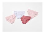 Four pairs of women's briefs: two light pink, one white with hearts, and one dark pink.