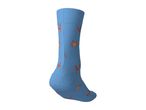 Blue sock with red lobster and crab patterns
