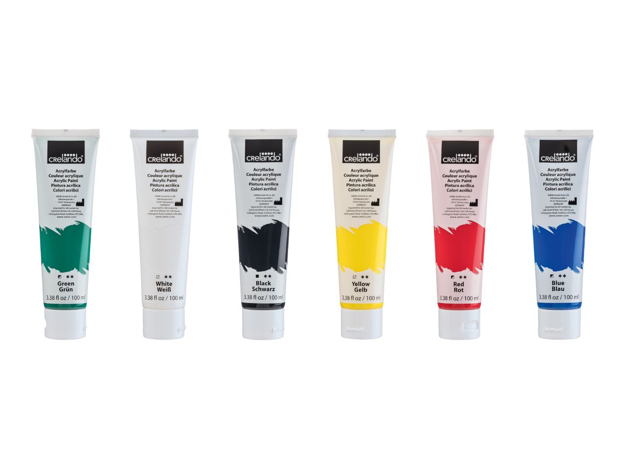 Six tubes of Crelano acrylic paint in green, white, black, yellow, red, and blue.