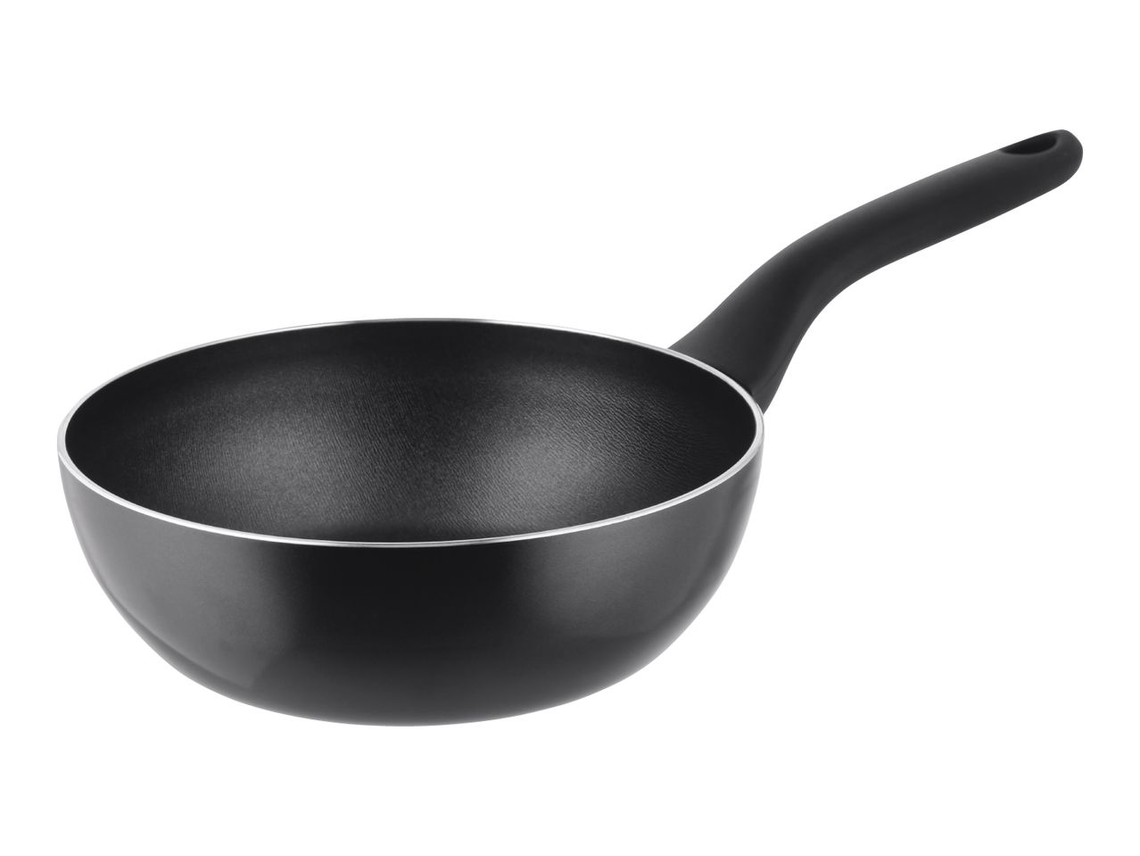 Black non-stick wok pan with a long handle