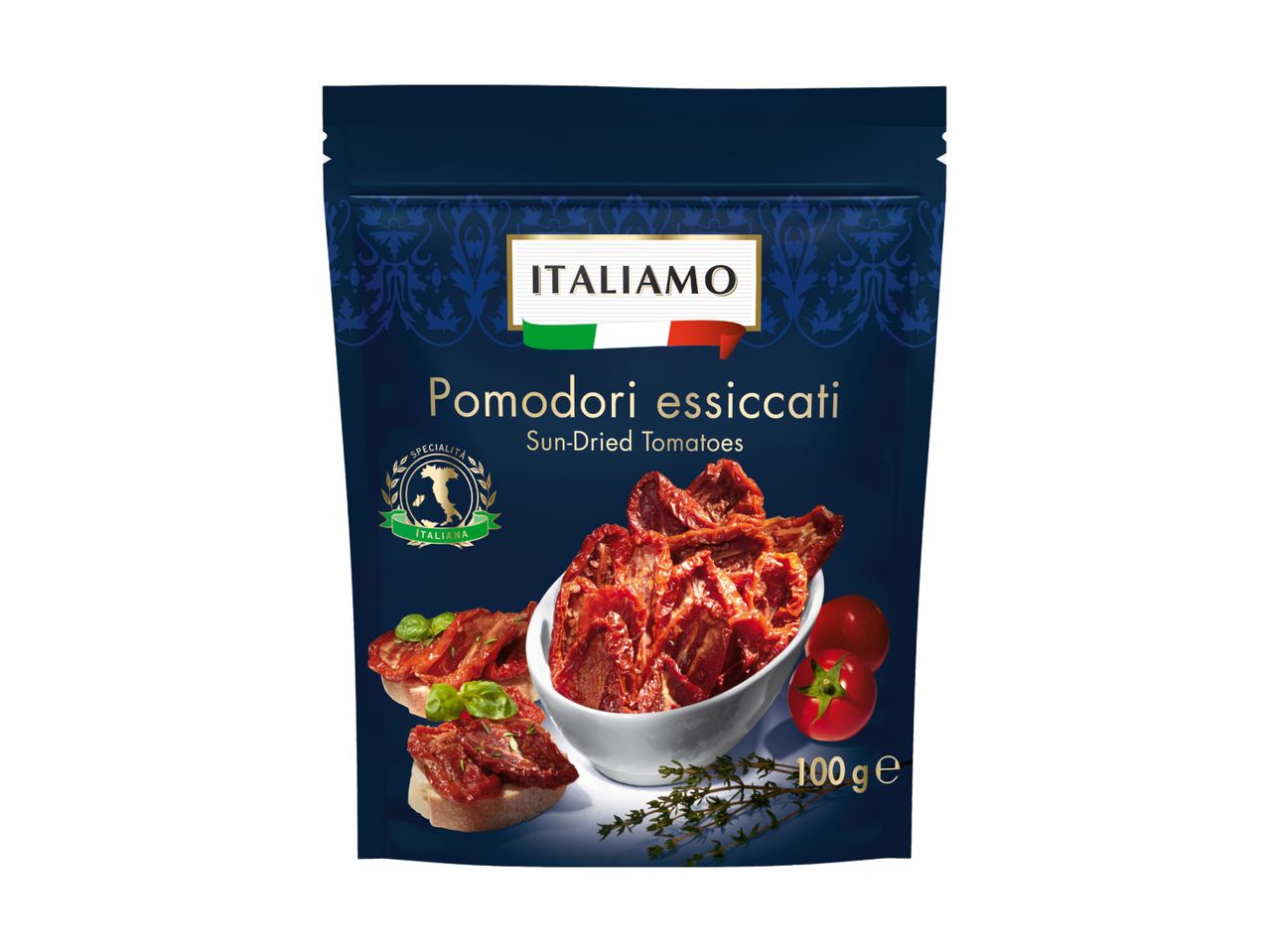 A dark blue pouch of sun-dried tomatoes, with a bowl of tomatoes and bruschetta.