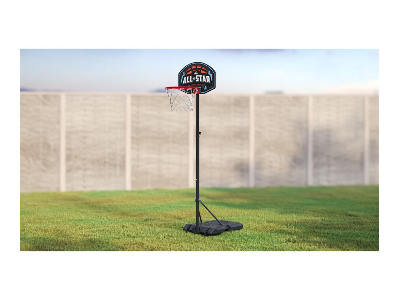 Portable basketball hoop with an 'ALL-STAR' backboard on a grassy lawn.