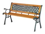 Garden bench with wooden slats and a dark green metal frame with a lattice backrest.