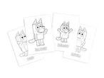 Four coloring pages featuring cartoon dog characters: Bluey, Bingo, Dad, and Mum.