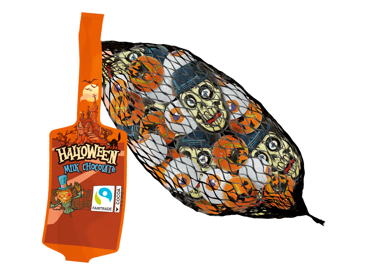 Halloween milk chocolate candies in a net with pumpkin and skull designs.