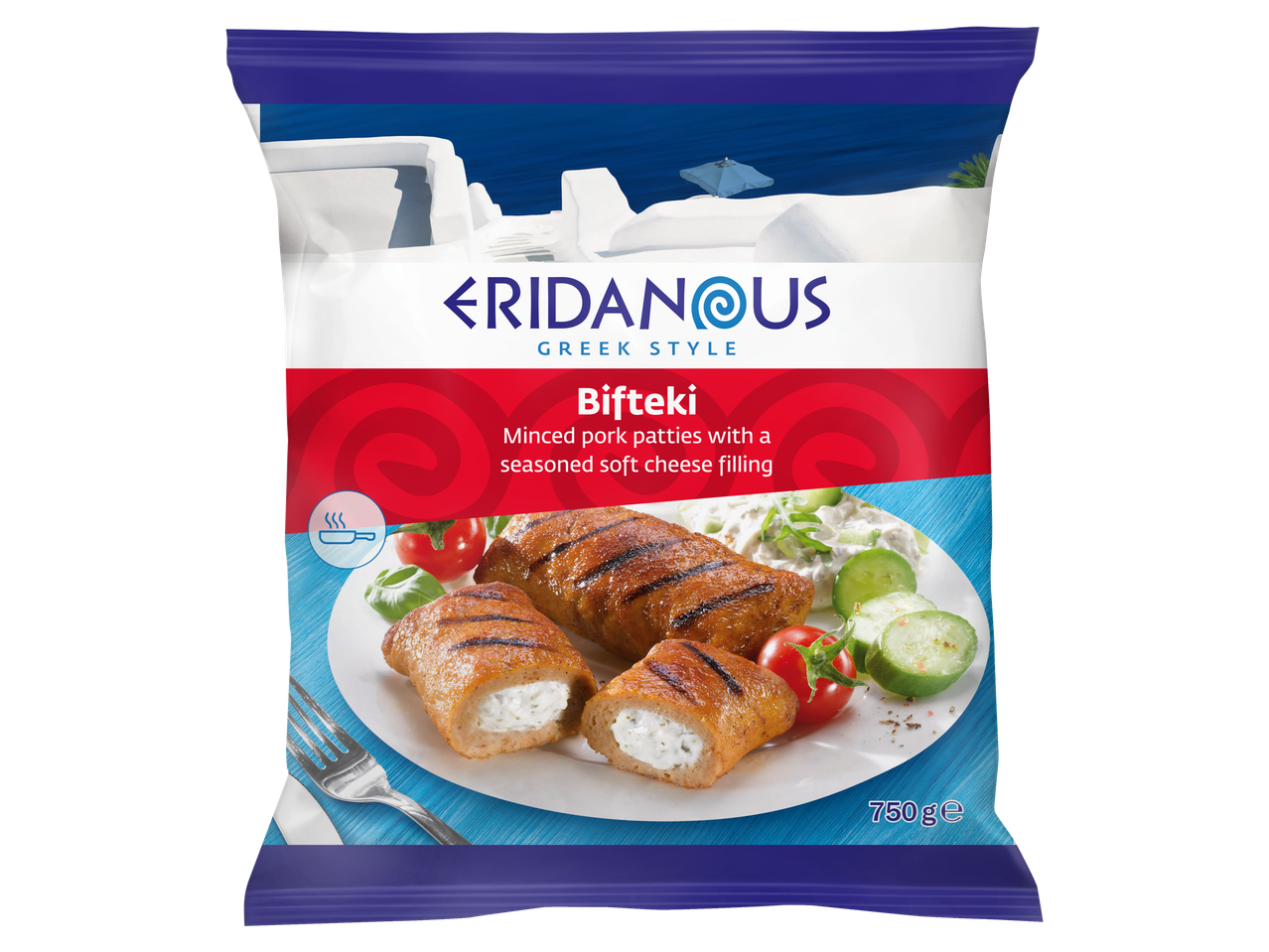 Eridanous Bifteki, Griekse stijl – gehakte varkensvleespasteitjes met kaasvulling.
