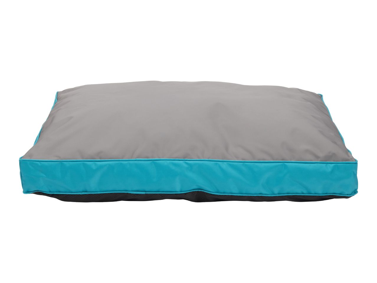 Grey and blue pet bed with a rectangular shape