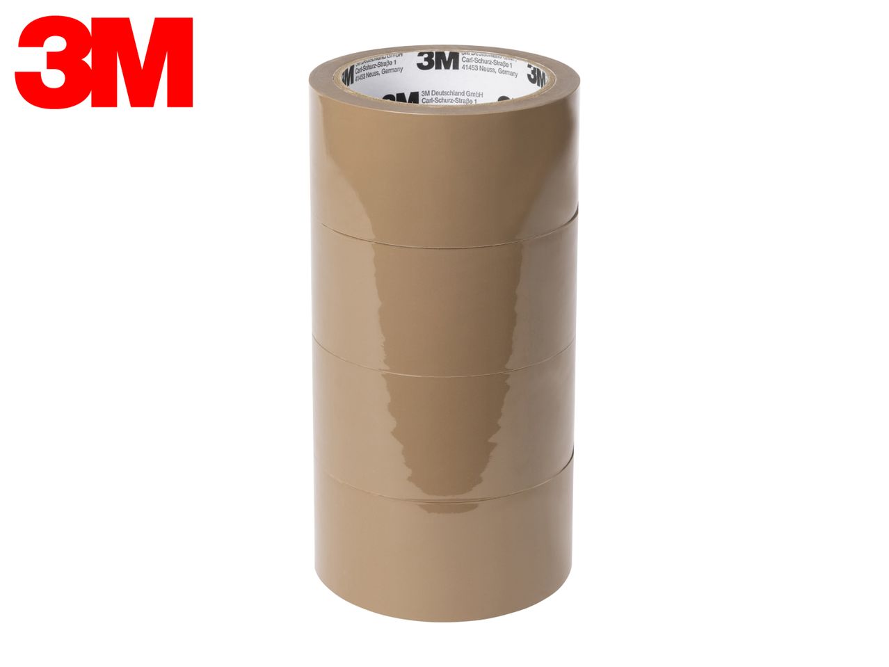 A stack of four brown packing tapes with text on the inner core.