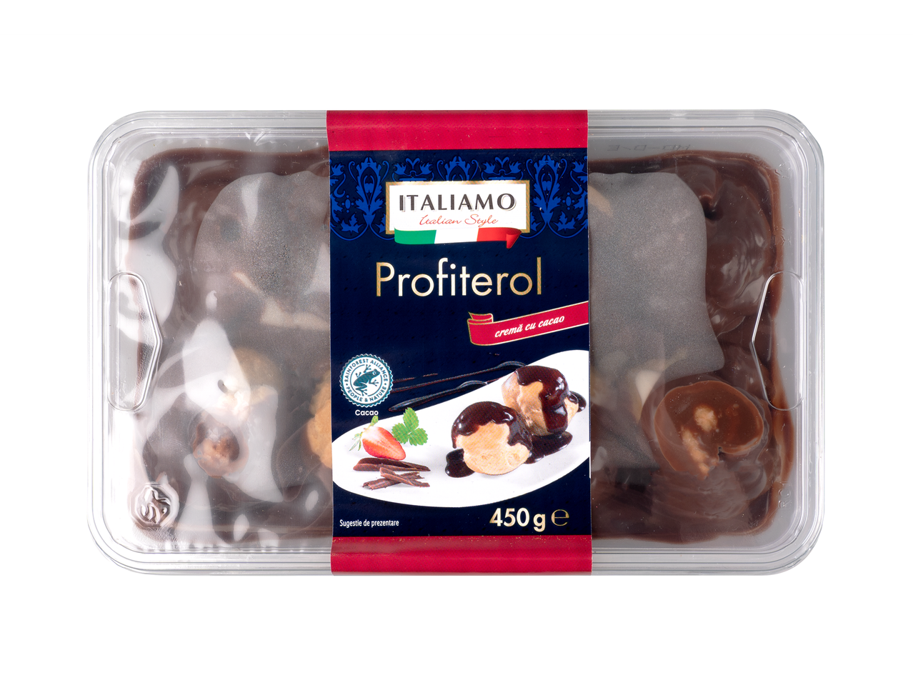 Profiterol ITALIAMO: 450g, cu cremă de cacao, ambalat în plastic.