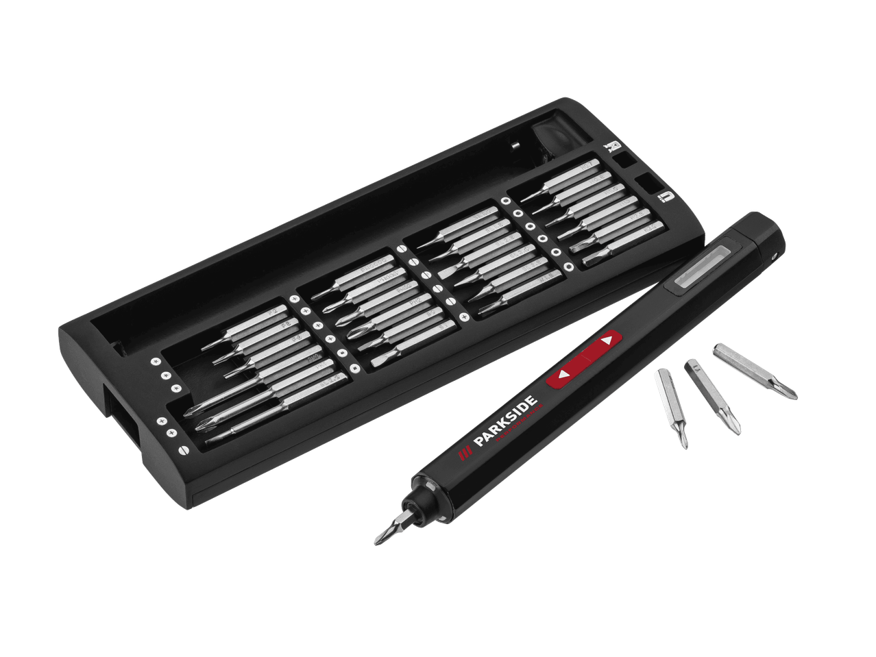Cacciavite elettrico di precisione ricaricabile con set di punte in una custodia nera.