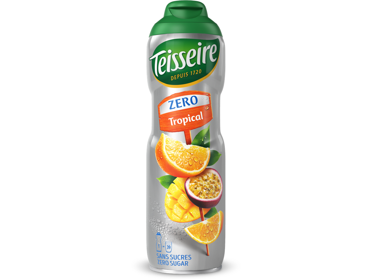 Teisseire Zero Tropical siroopfles met tropisch fruit zoals sinaasappel, mango en passievrucht.