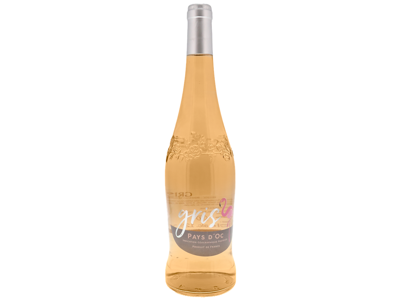 Bouteille de vin rosé Pays d'Oc avec une étiquette grise et un flamant rose.