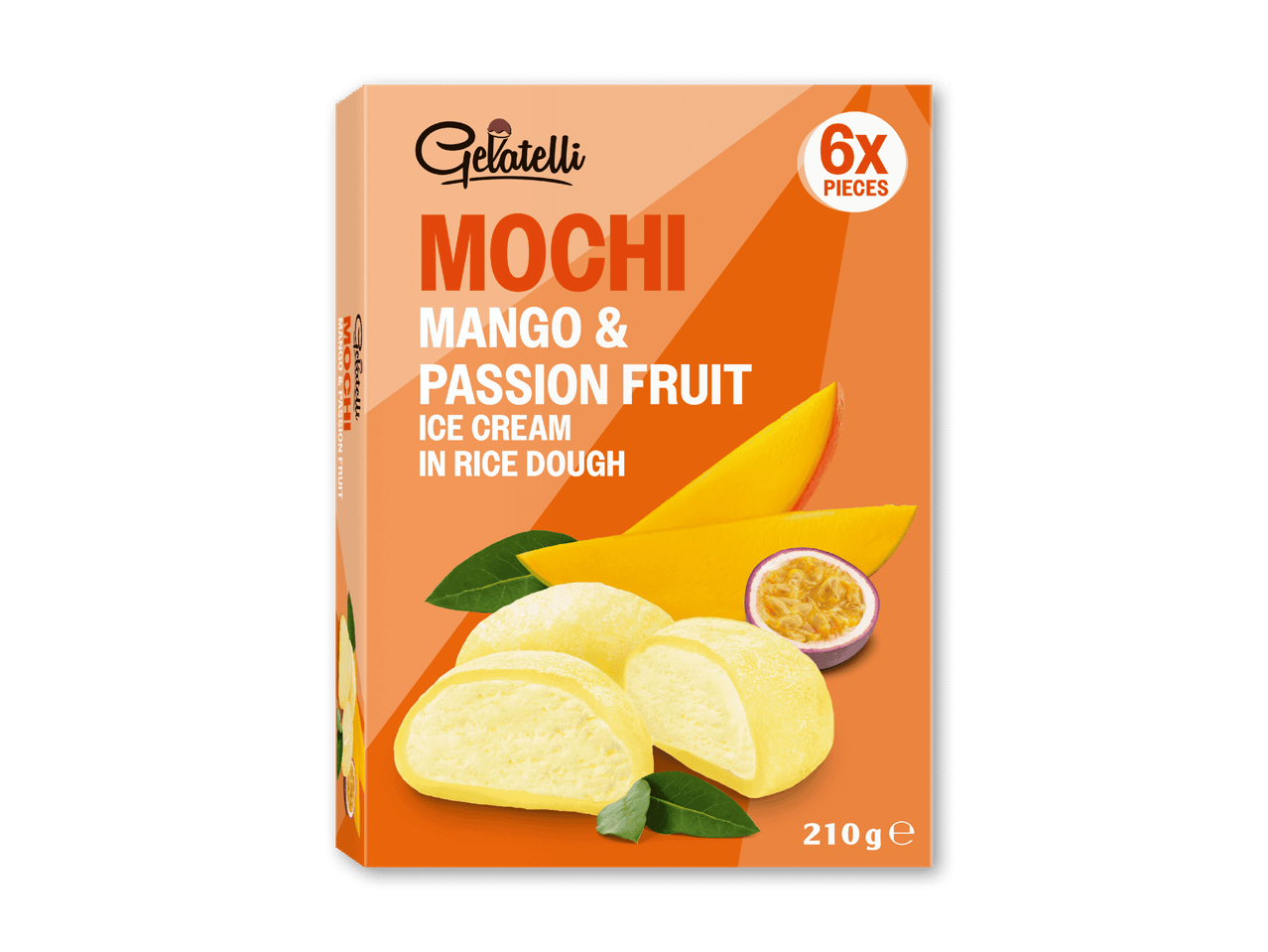Mochi-is med mango og passionsfrugt i risdej, 6 stk. i en pakke på 210g.