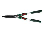 Hedge shears with green and red handles, and silver blades.
