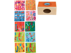 Wooden toy assortment with a sorting box and fabric squares featuring fruits, vehicles, animals, numbers, and letters.