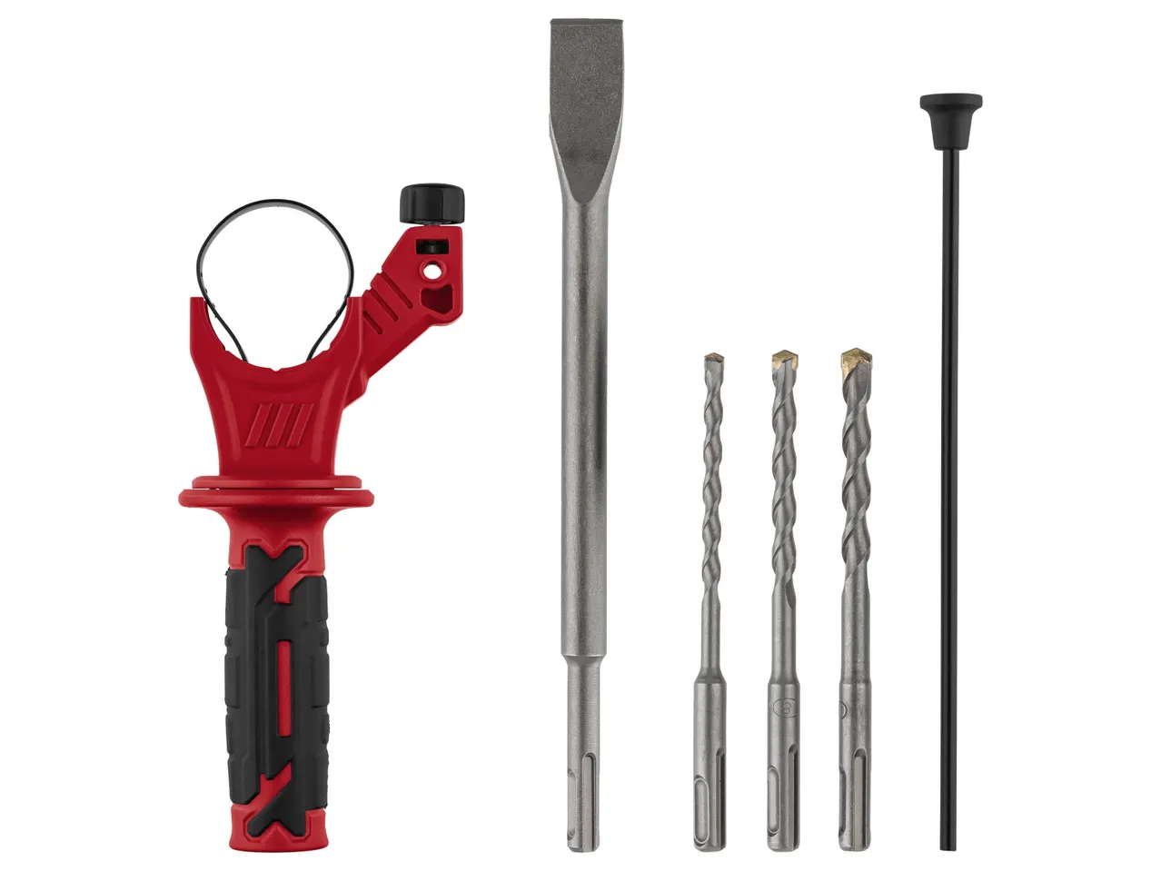 Set di accessori per trapano a percussione con scalpello, punte da trapano e asta di profondità.
