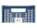 Blue plastic storage crate with a label displaying '#1'.