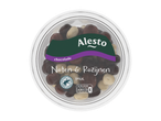 Alesto chocolade noten- en rozijnenmix in een doorzichtige plastic beker met Nutri-Score E.