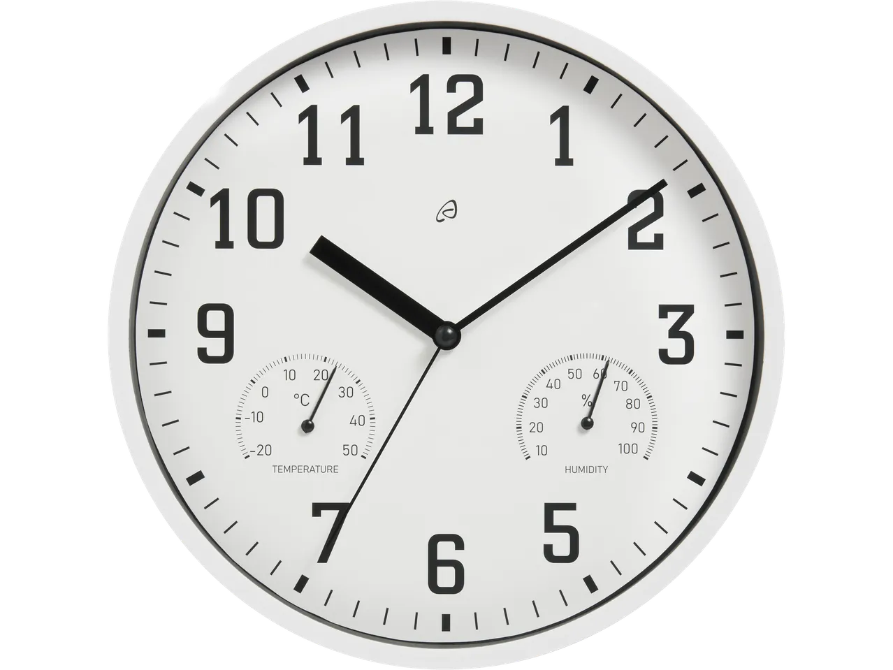 A white analog wall clock with integrated thermometer and hygrometer displays the time, temperature, and humidity.