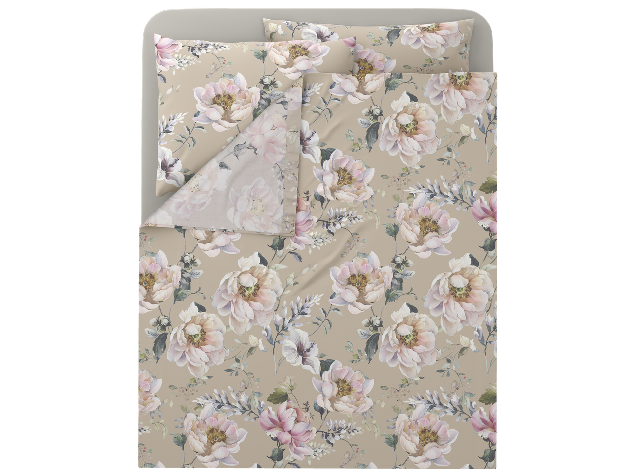 Conjunto de roupa de cama em cetim LIVARNO com estampado floral sobre fundo bege.