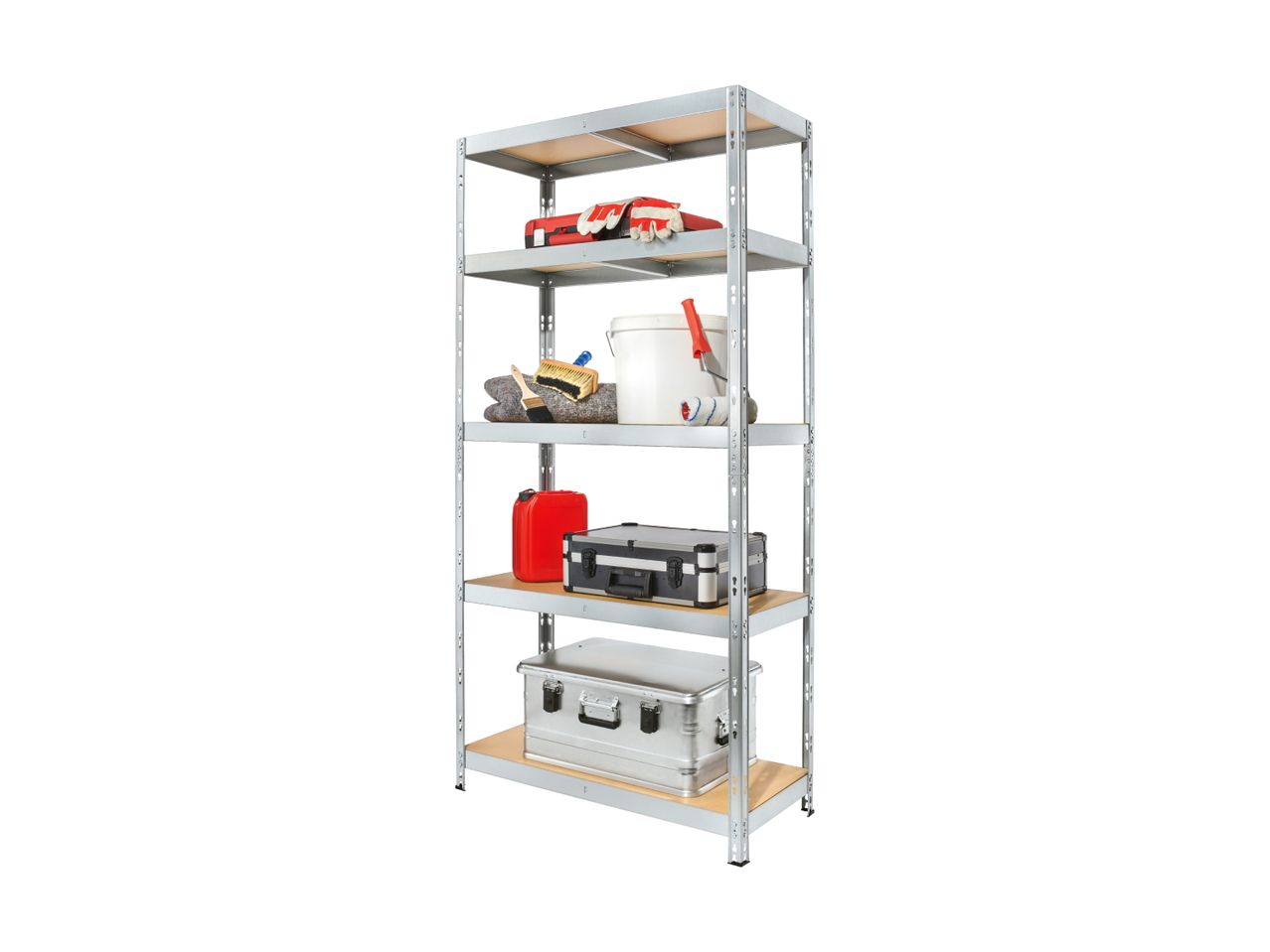 Metal shelving unit with various tools, a red jerry can, and two aluminum cases.