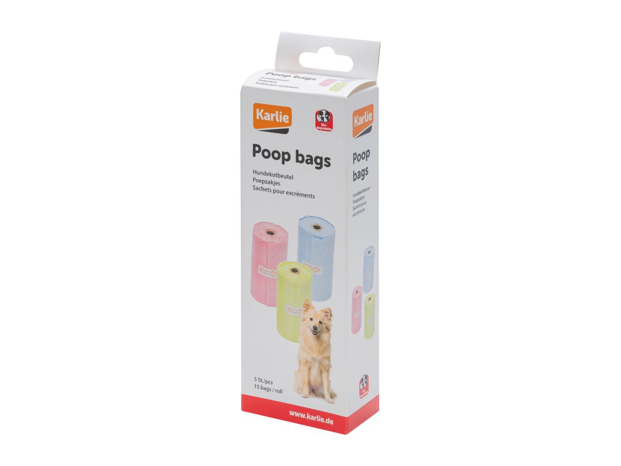 Karlie brand poop bags in pastel colors, 15 bags per roll.