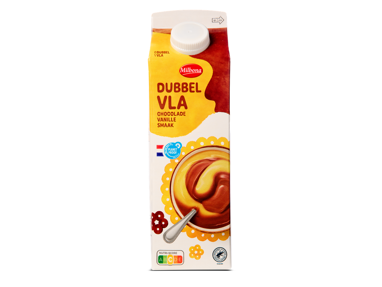 Een pak dubbelvla met chocolade- en vanillesmaak.