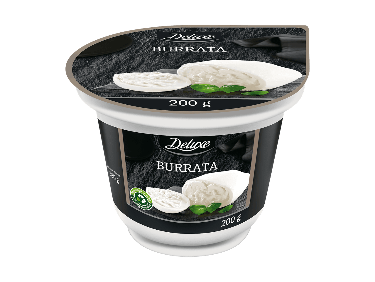 Ein Becher Deluxe Burrata mit 200 g Inhalt und einem Bild von Burrata auf dem Etikett.