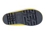 Bottom view of a yellow rain boot with a dark gray sole.