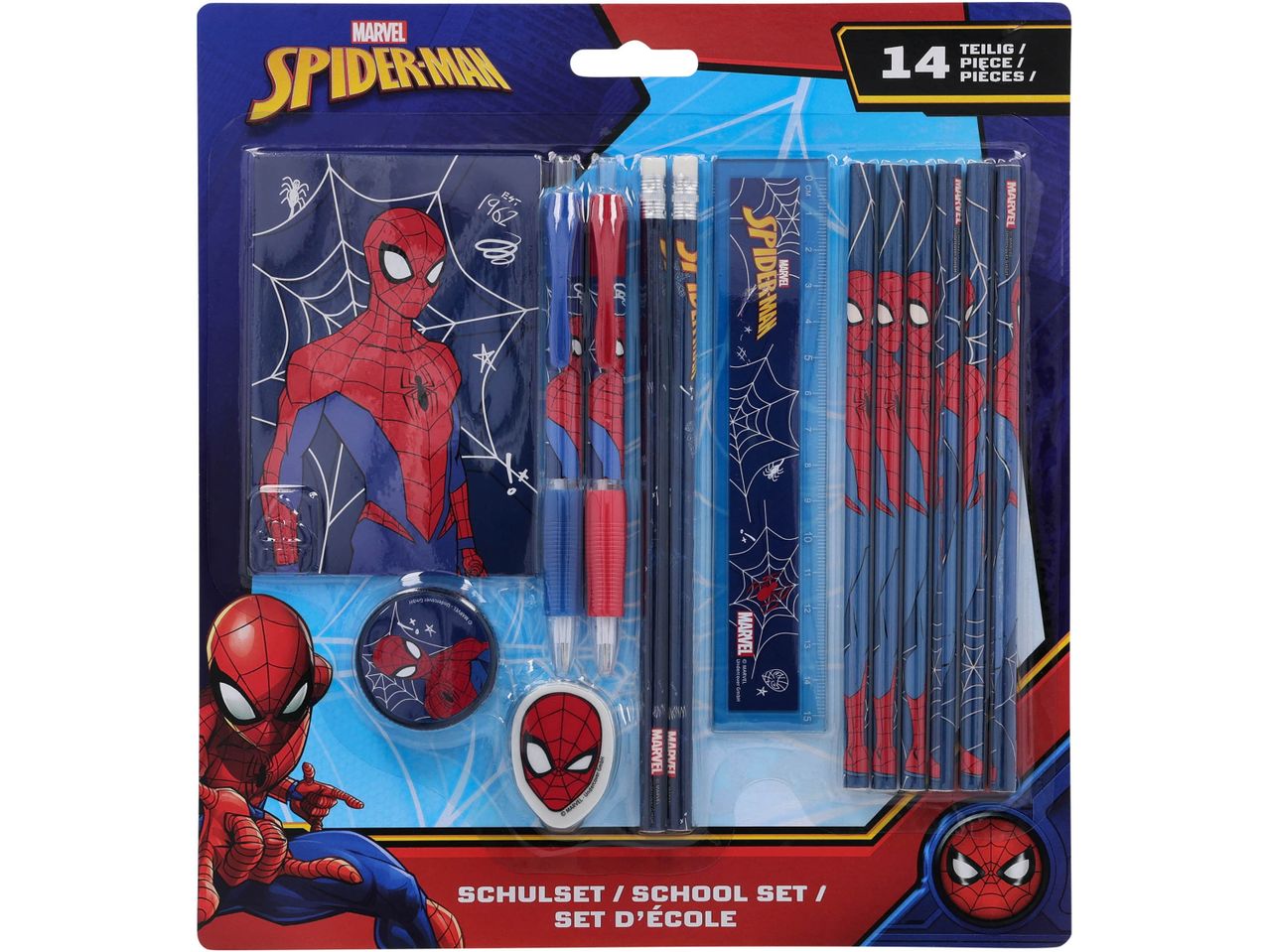 A Spider-Man themed school set with pencils, pens, ruler, and eraser in a blister pack.