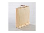 Wooden art easel and storage box with a leather handle and brass clasps.