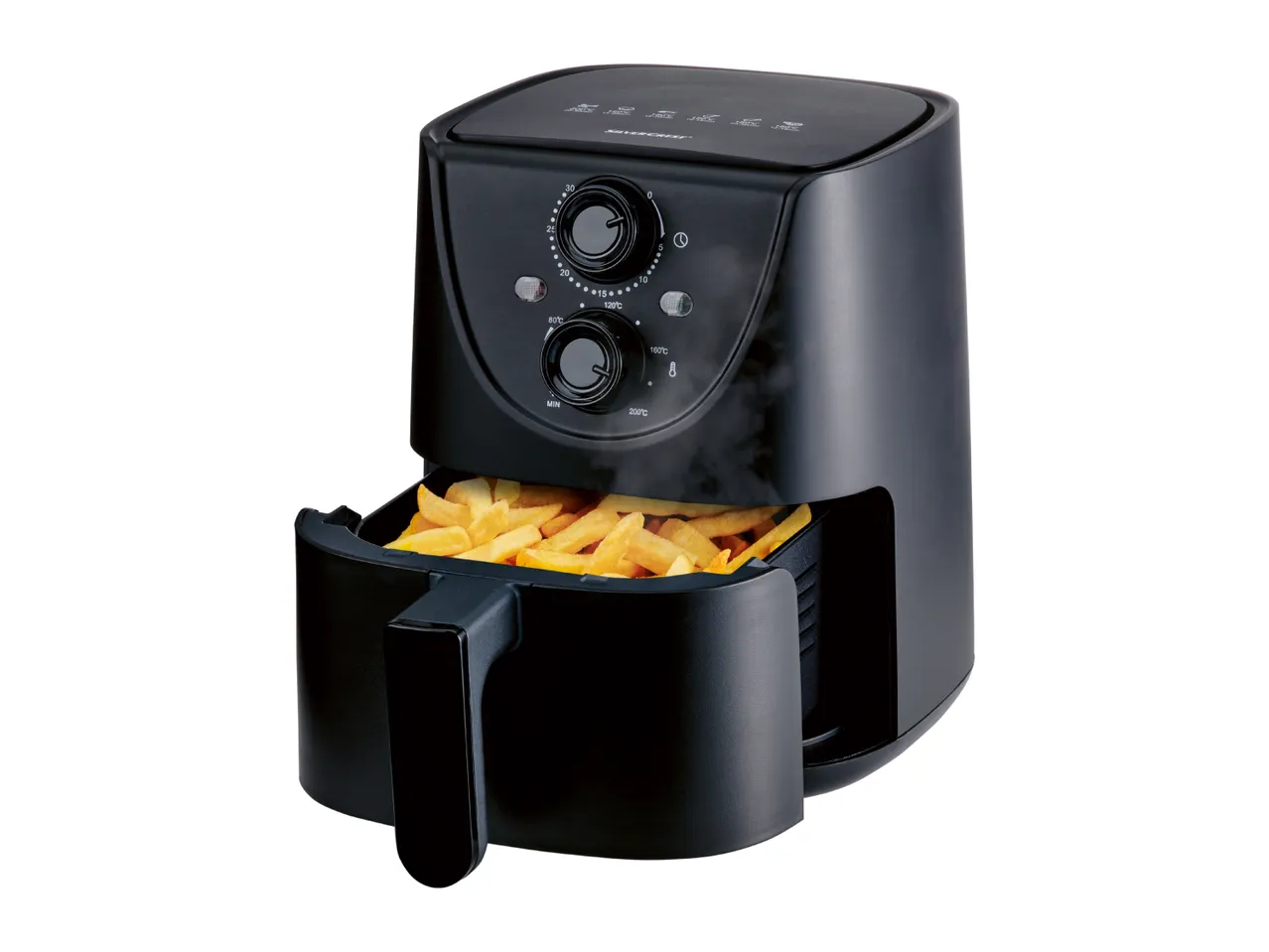 A black air fryer with a basket full of golden french fries, emitting steam.
