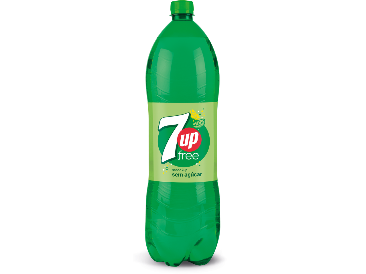 Garrafa verde de 7UP Free com rótulo amarelo.