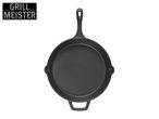 Cast iron skillet with a handle and a helper handle, with 'GRILL MEISTER' text.