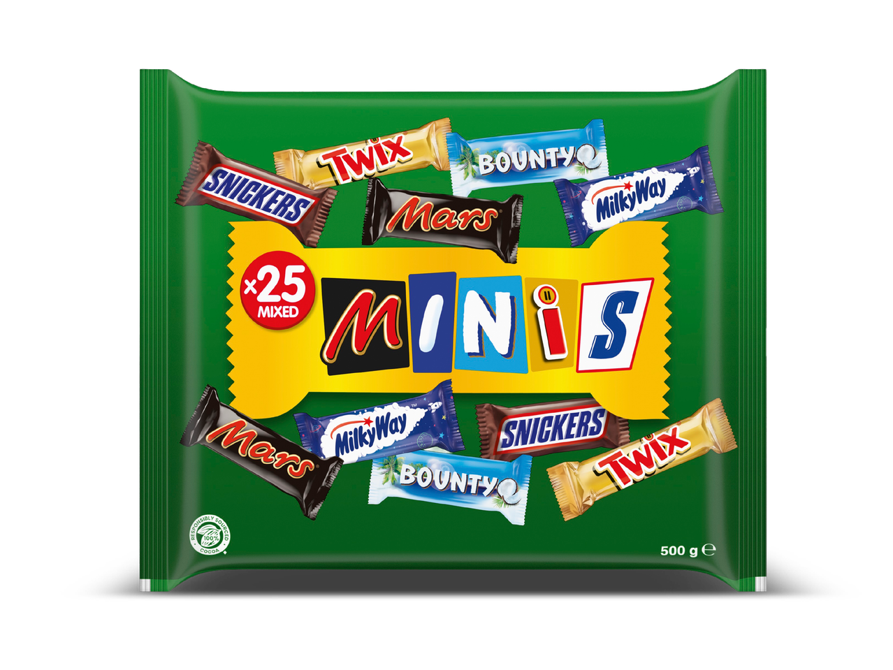 Groene zak met 25 gemengde mini-chocoladerepen, waaronder Snickers, Twix, Bounty, Mars en Milky Way.