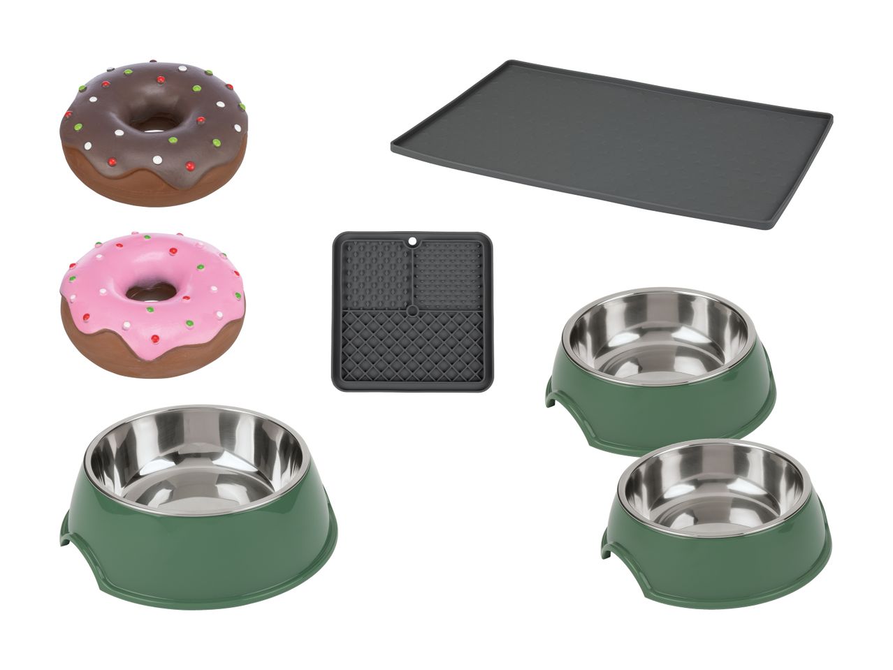 To foder skåle, en silikone måtte og to donutformede hundesager.