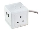 White cube-shaped multi-socket extension with three-pin outlets and USB ports.