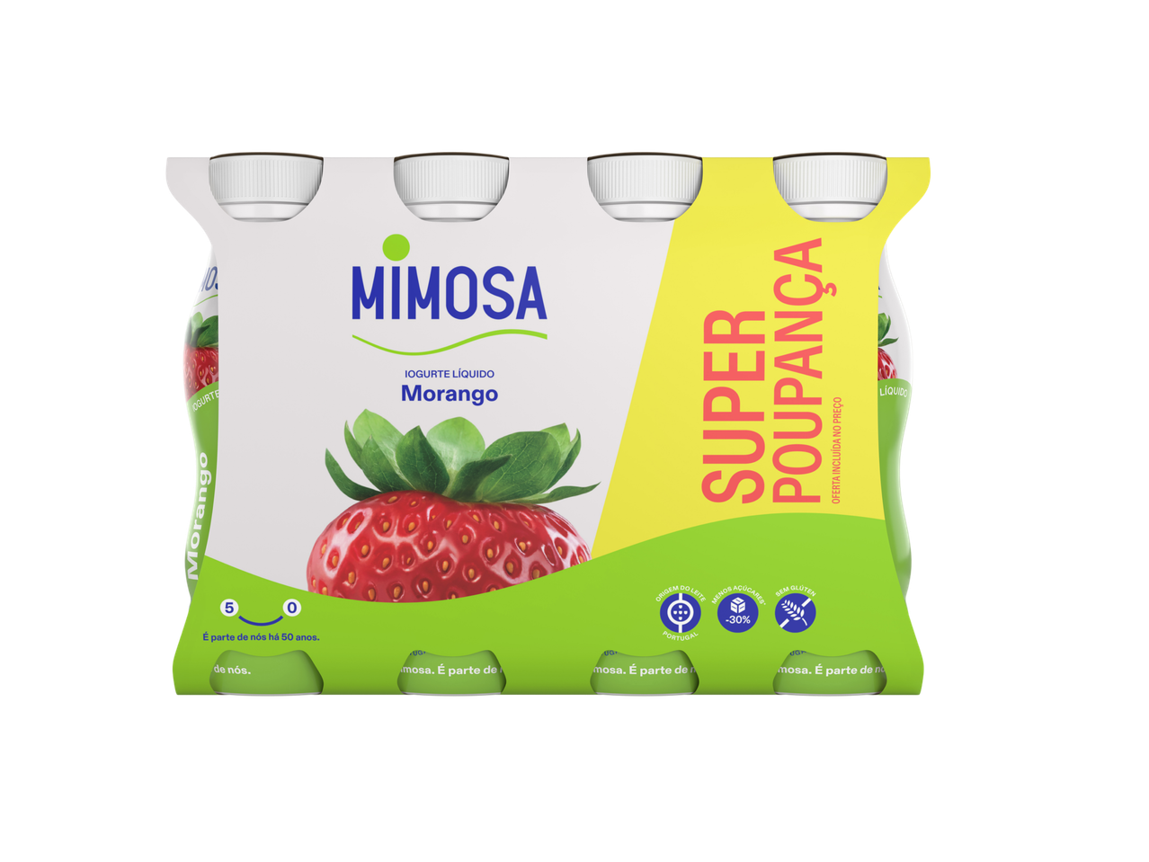 Embalagem de iogurte líquido de morango com a indicação 'Super Poupança' e 'Oferta incluída no preço'.