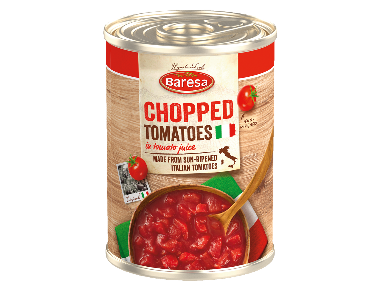 Baresa Chopped Tomatoes in tomato juice can, made from sun-ripened Italian tomatoes.