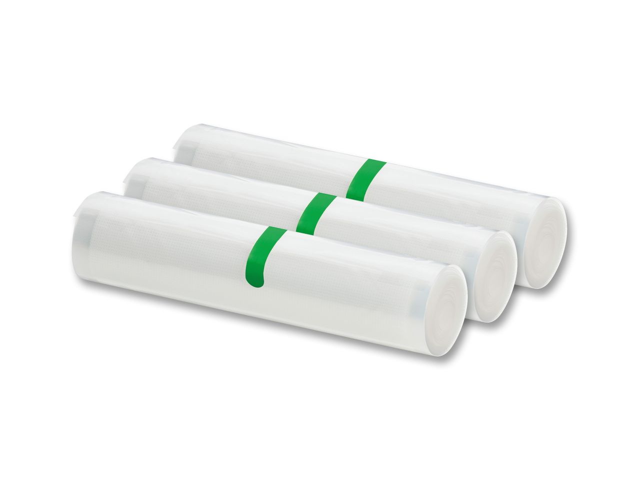 Three rolls of white vacuum sealer bags with green bands.