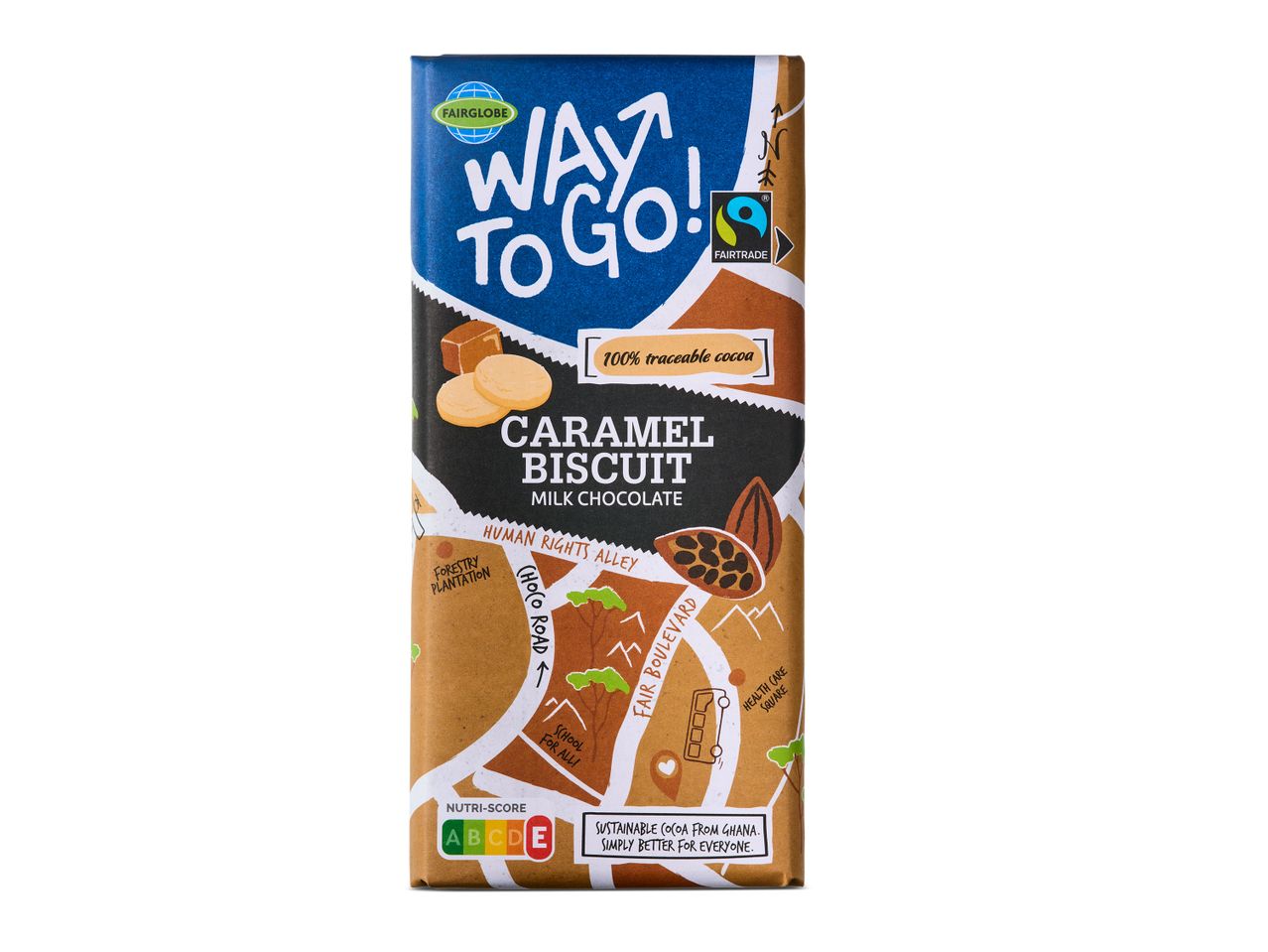 Fairtrade Way To Go! melkchocolade met karamel en koekjes.